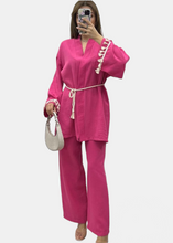 Load image into Gallery viewer, Fuchsia pink linen kimono set