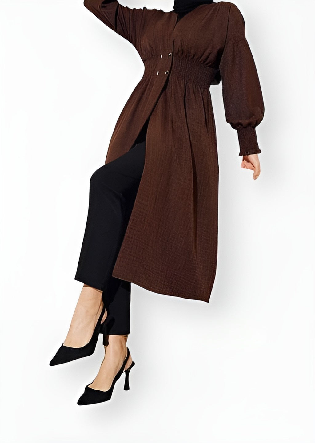 Brown buttoned kimono trench