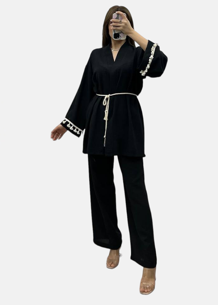 Black Linen Kimono Set