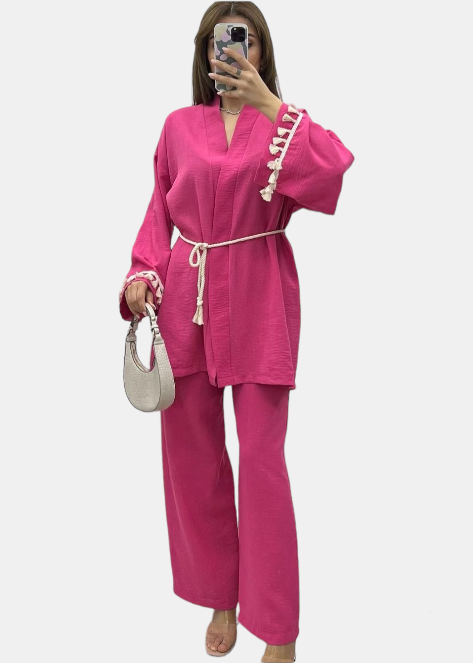 Fuchsia pink linen kimono set