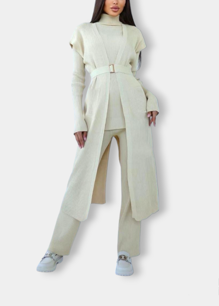 Knitted set Long vest & Sweater & Trousers Beige