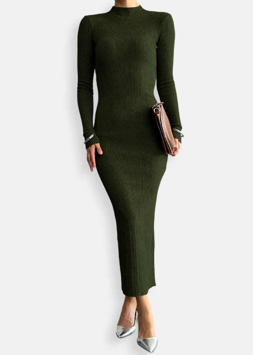 Khaki Mesh Long Dress – Timeless Elegance