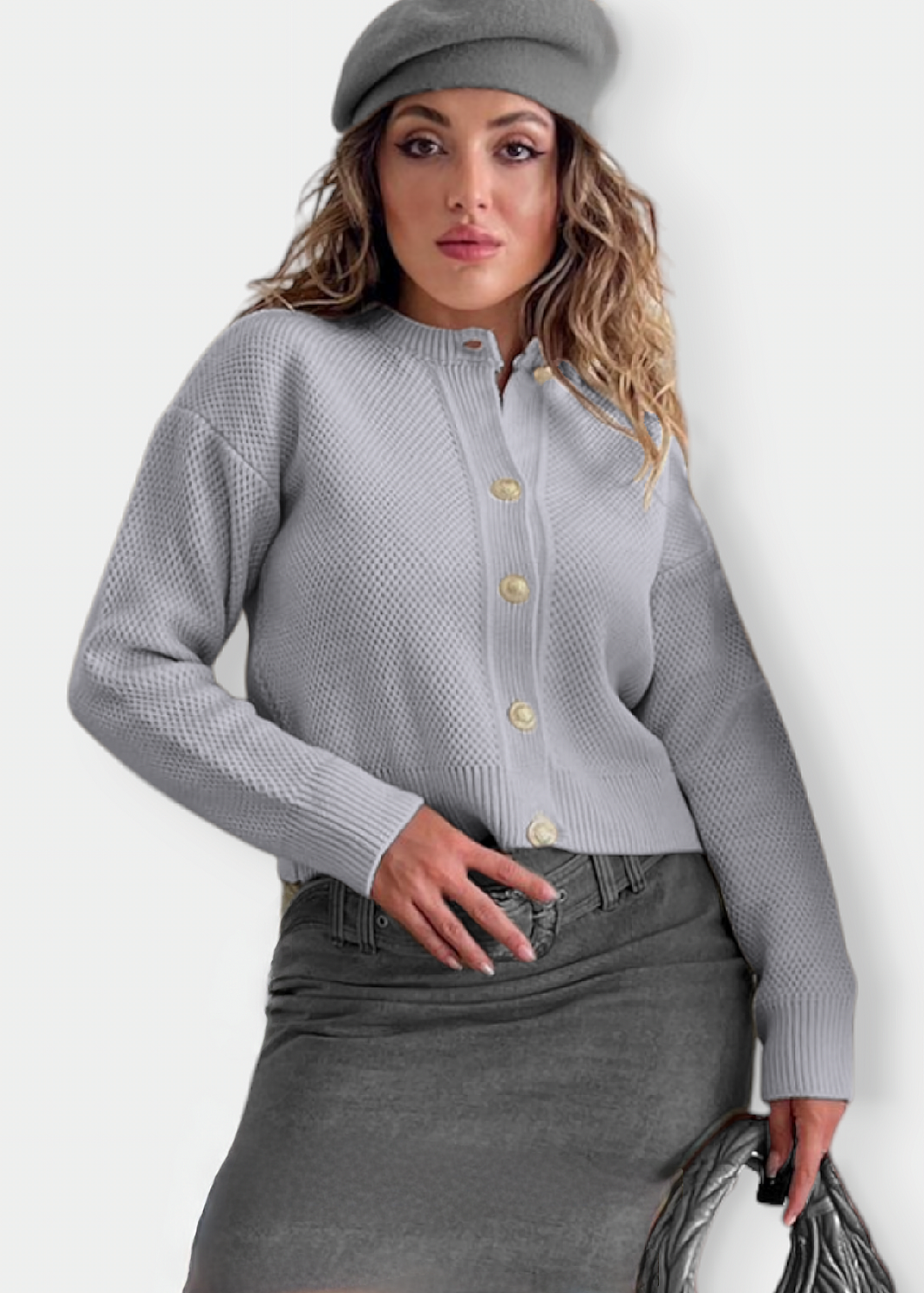 ANKAA Cardigan à bouton doré Gris