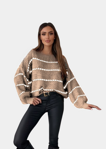 Pull en maille Camel & blanc rayé
