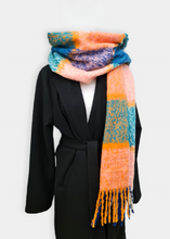 Load image into Gallery viewer, Cozy Coral Blue Plaid Scarf
