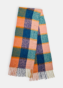 Cozy Coral Blue Plaid Scarf