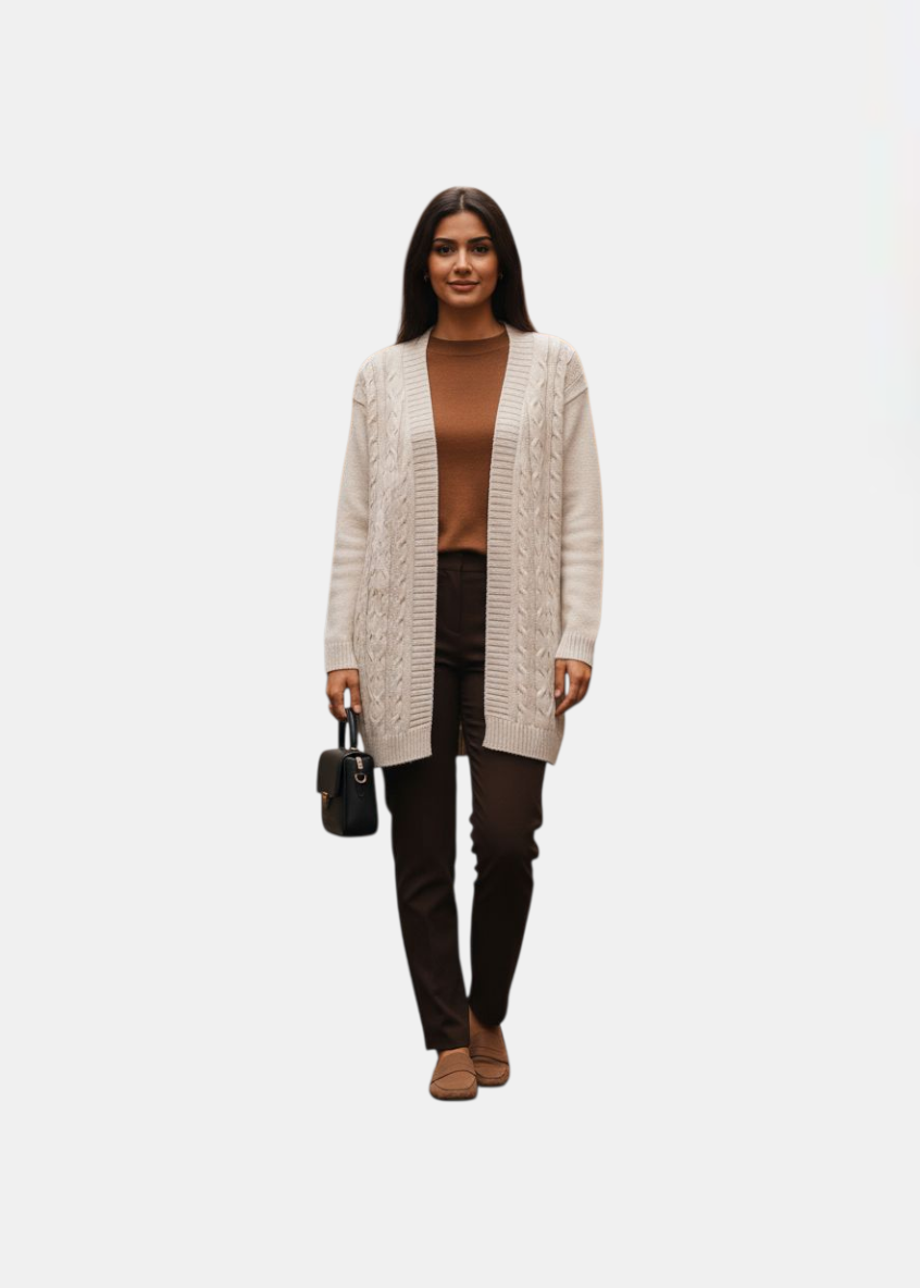 Cardigan mi-long à torsades Beige
